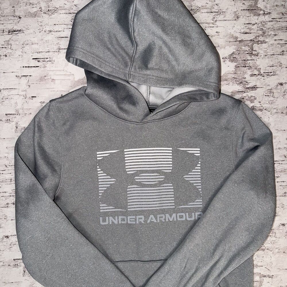 Under Armour Hoodie Boys Youth Medium Loose ColdGear Gray Graphic Print